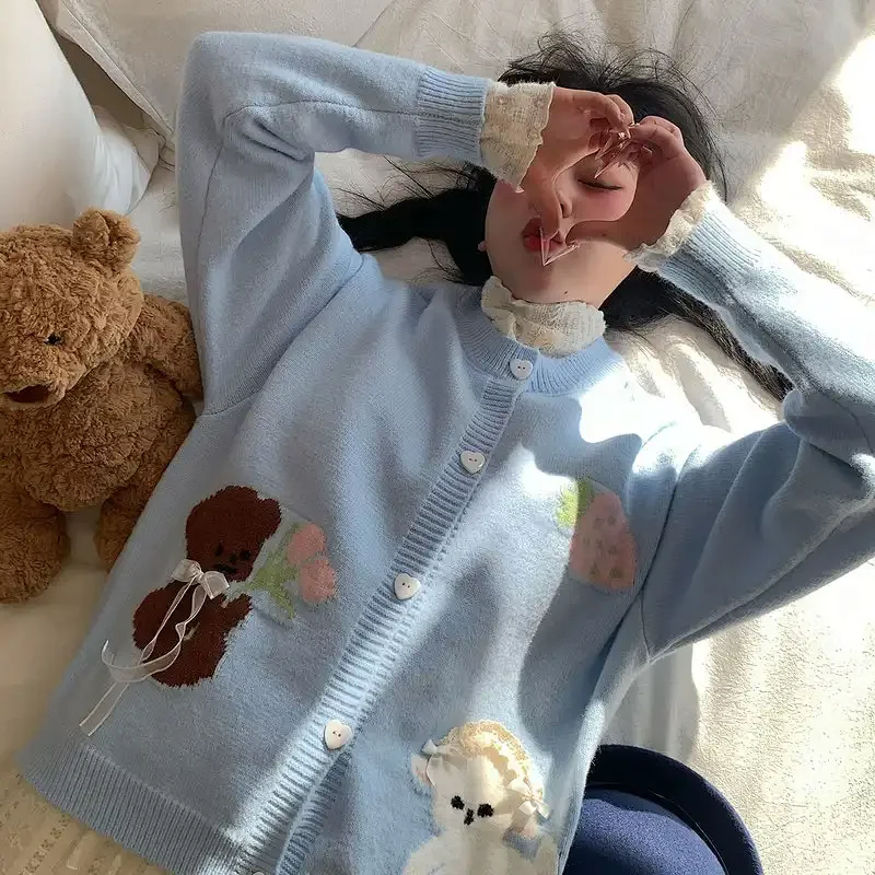 Women Sweet Cartoon Bear Puppy Strawberry Embroidery Knit Cardigan Spring Autumn Loose Long Sleeve Outerwear S-3XL