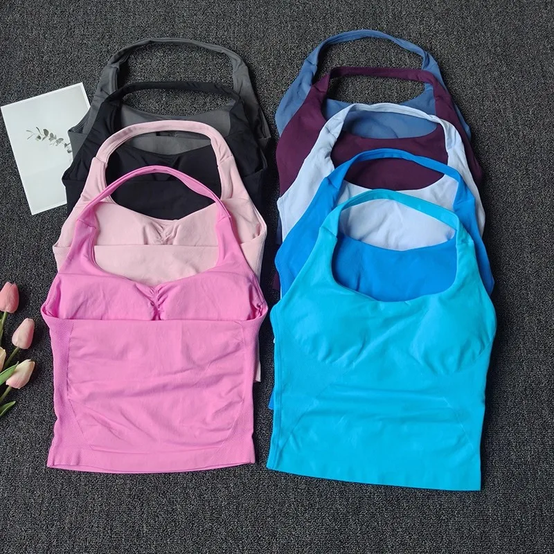 Women's Seamless Halter Top Sports Vest Yoga Backless Hanging Neck Fitness Tank Top Running Top Gym Bra Workout Fitness Clothing