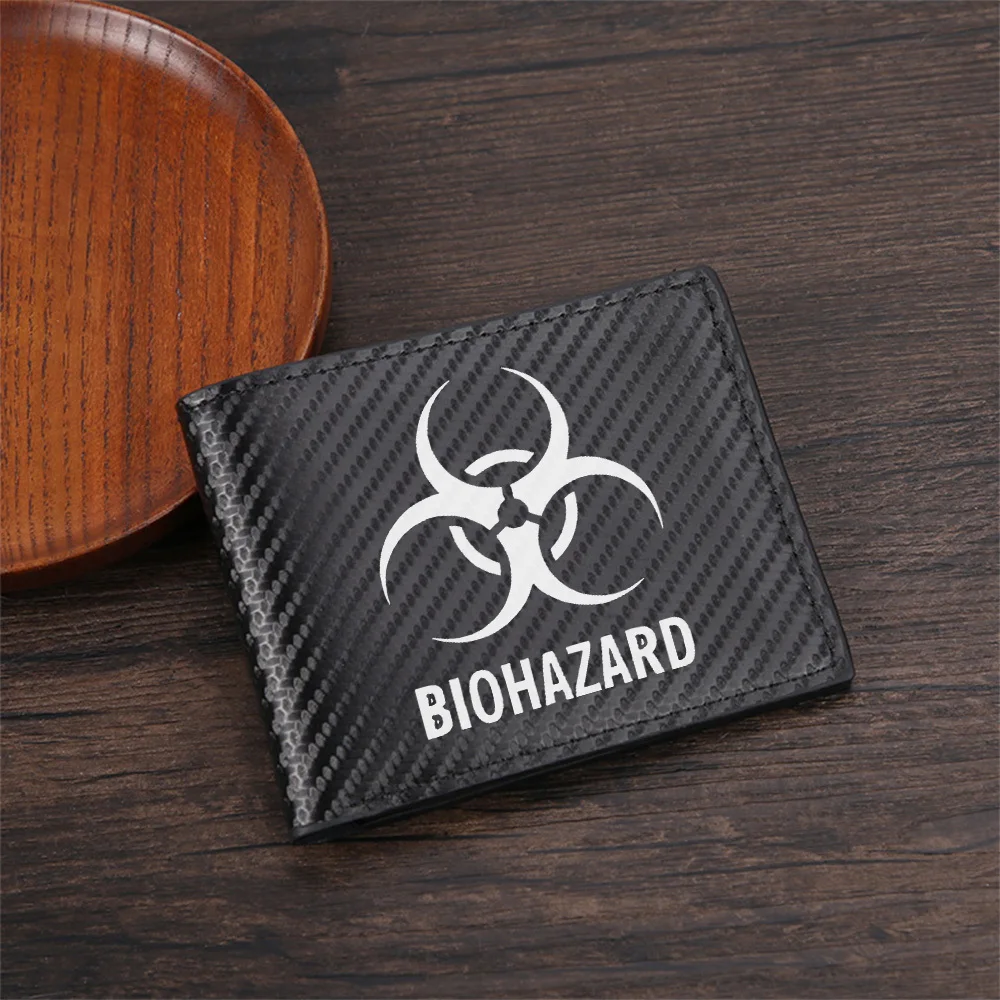 White biohazard symbol and text on black Men's Wallets Simple Business Modern Stylish Printing Design Gifts For Father Boyfriend