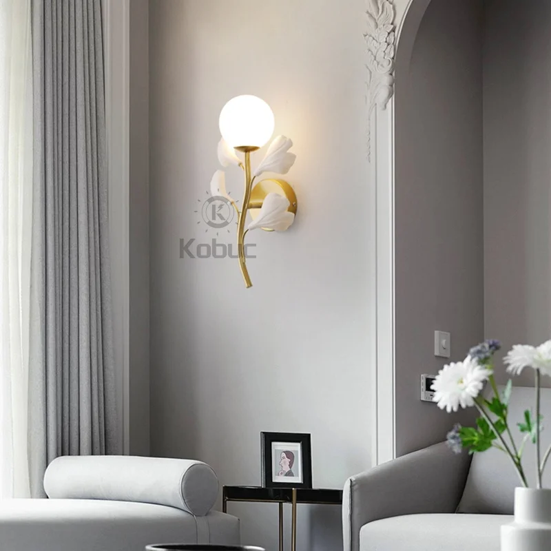 Kobuc Bedroom Bedside Wall Lamp Modern Creative Ginkgo Biloba Wall Lights For Home Living Room Decoration Led Stair lighting