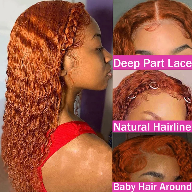 Ginger Orange 13x6 Transparent Deep Wave Lace Frontal Wig Highlight Colored Lace Front Wig Water Curly Human Hair Wigs for Women