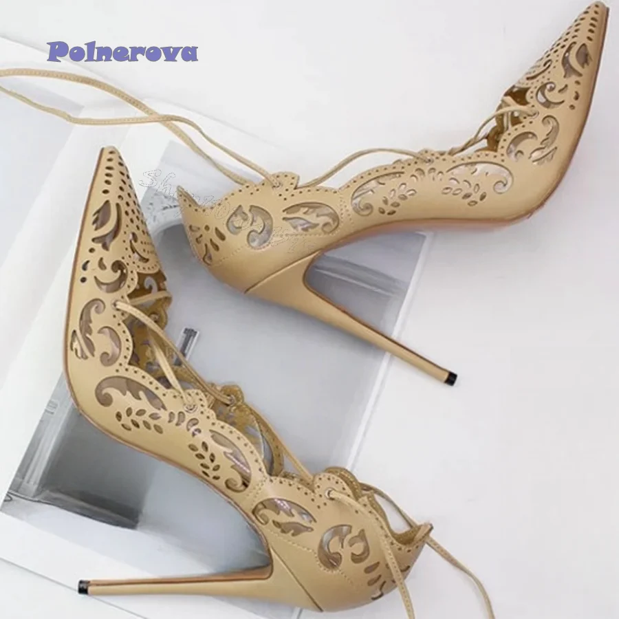 Hollow Leather Pumps Pointed Toe Stiletto Women Shoes Strappy High Heel Shoes Wedding Party Heels 2024 New Zapatos Para Mujere