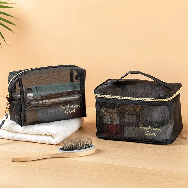 New mesh makeup bag, travel cosmetics storage bag, large capacity handheld transparent mesh toiletry bag