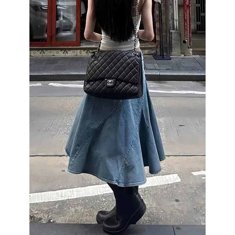 Women Vintage Blue Gothic Low Waist A-line Skirt Summer Y2k Asymmetrical Denim Skirt Harajuku Mid Long Skirts Emo 2000s Clothes