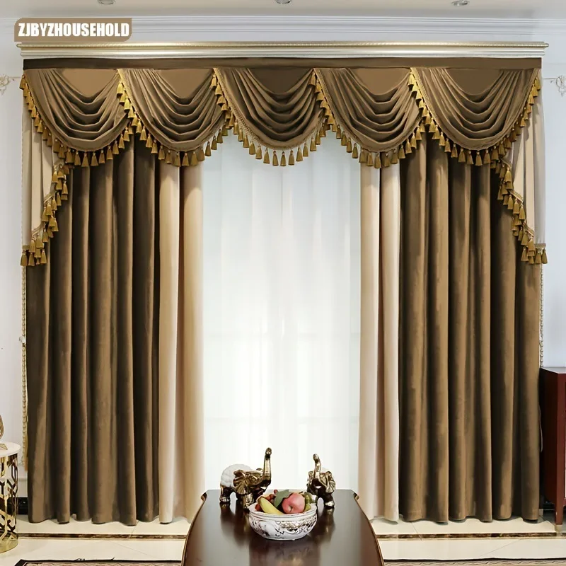 

European Style High-end Luxury Villa Curtains for Living Dining Room Bedroom Solid Color Splicing Velvet Finished Curtain