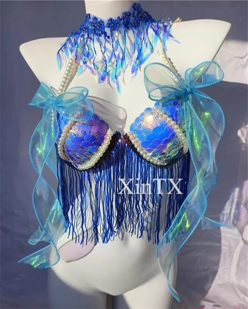 Sexy Bikini Bra Swimsuit Electro Syllable Lace Seduction Bar Reality Show Handmade Scales Mermaid With Decoration Beach Vacation