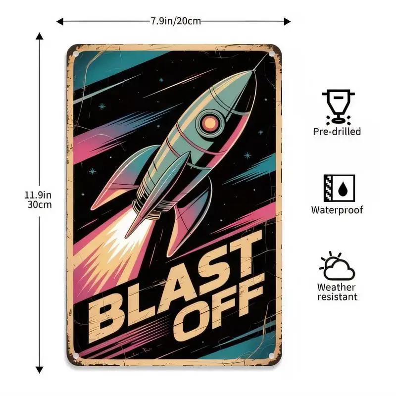 Vintage BLAST OFF Rocket Neon Metal Tin Sign - 20x30cm Pre - drilled Waterproof Weather - resistant Retro Wall Art, Perfect for