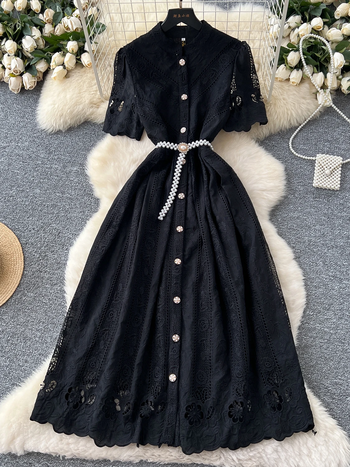 Vestido Longo E com Sobraia Estilo F Bordado Recortado com Botão Único Cintura Alta Versão Coreana Verão