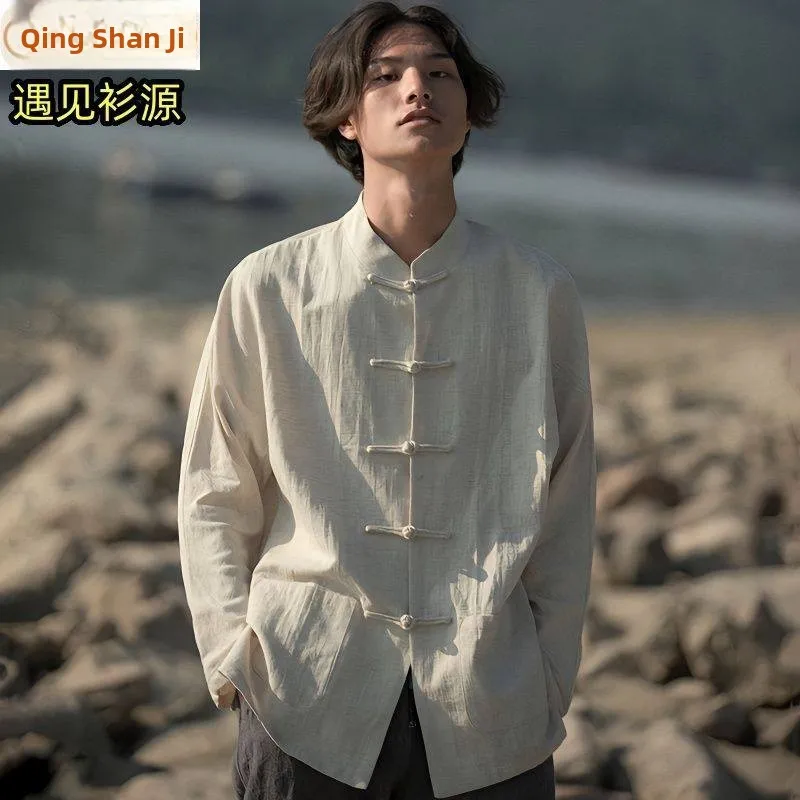 

Мужская рубашка в стиле танчжуан: модный бренд, ретро, молодежная, из льна и хлопка, с длинным рукавом, китайский воротник-стойка, национальный стиль