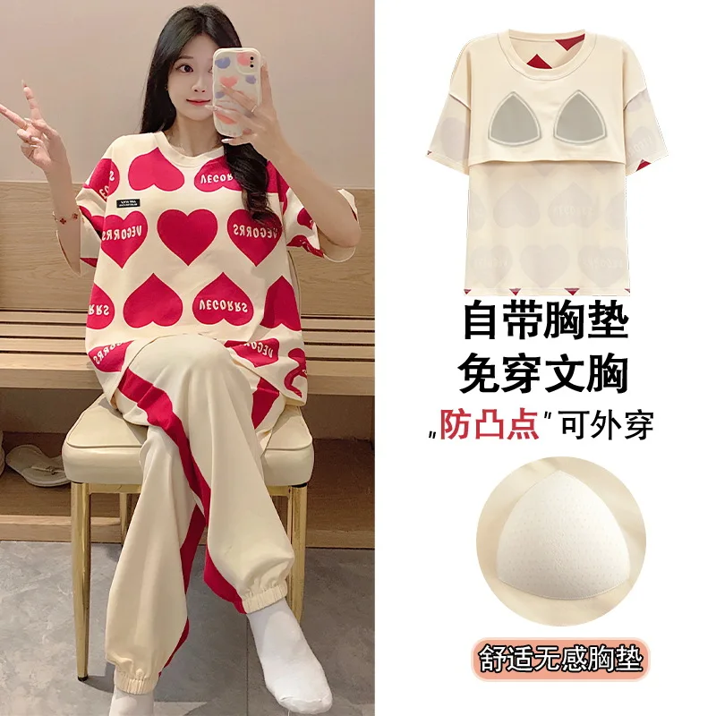 2 pieces Pyjamas Set Women Cotton Sleepwear Home Suit 2024 Round Neck Girls Sleepwear Short Sleeve Pajamas with Chest Pad