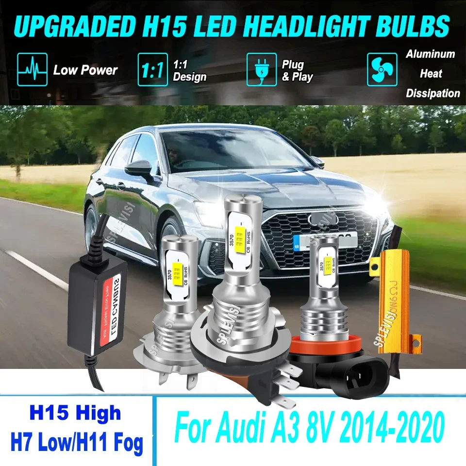 LED White CSP Headlamp Hi/Low Beam Fog Light canbus free of radio interference For Audi A3 8V 2014 2015 2016 2017 2018 2019 2020