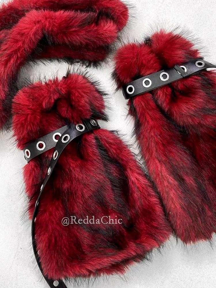 REDDACHiC Cybergoth Fuzzy Leg Warmers Punk Eyelets Belt Faux Fur Boots Cover Winter Socks Women Concert Festival Cosplay Costume