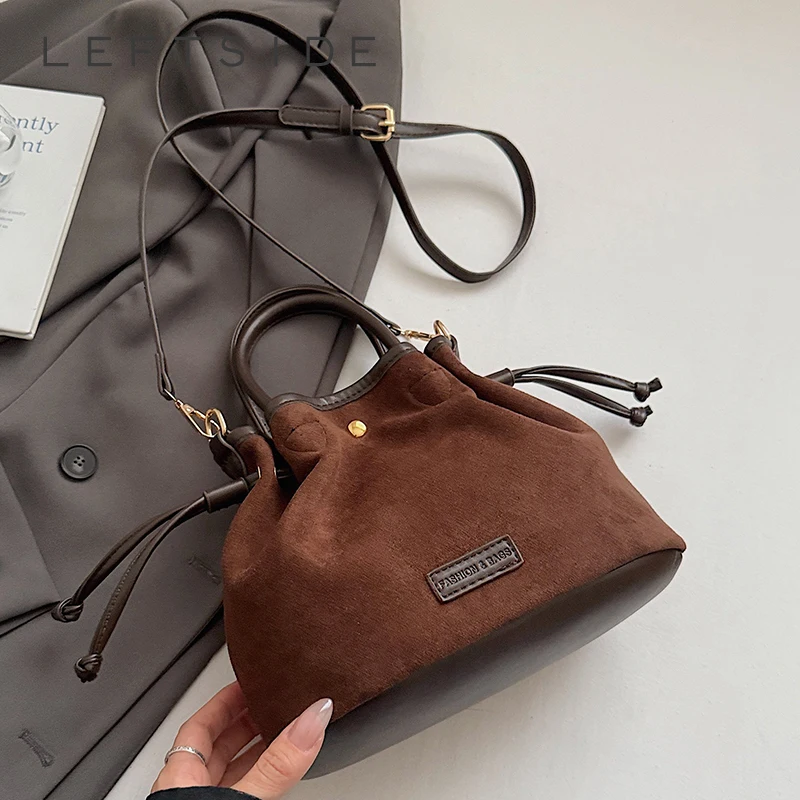 

Левая сторона, маленькая сумка-ведро из искусственной замши для женщин, сумки на плечо, 2022, дизайнерская однотонная сумка через плечо, женские роскошные новые сумки