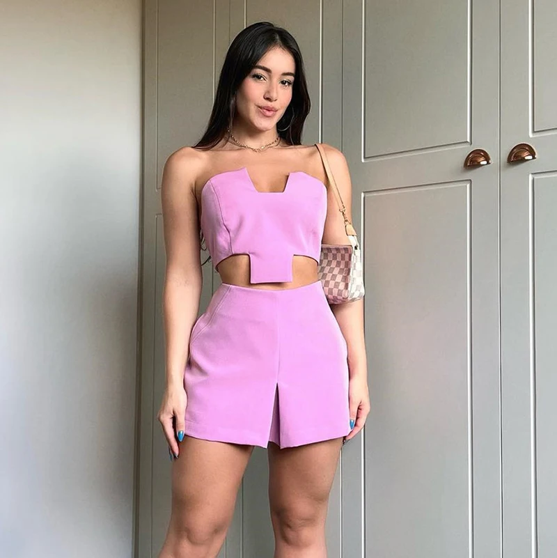 CUTENOVA PINK Solid Skirt Set Women irregular wrap strapless Tank + suit mini straight Skirt 2PCS commuting Wear Sweet Outfits