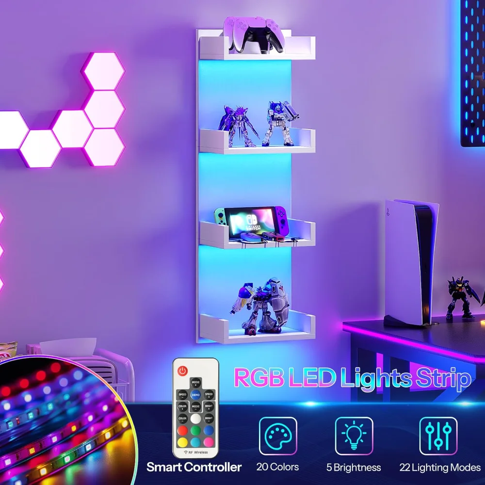 Floating Wall Shelves with LED Lights,4-Tier Floating Shelf Wall Mounted for Storage, Vertical Display Stand, Modern Column Rack
