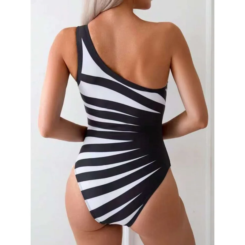 2025New Custom One-Shoulder Zebra Print One-Piece Swimsuit for Women Slim Bikini Swimwear