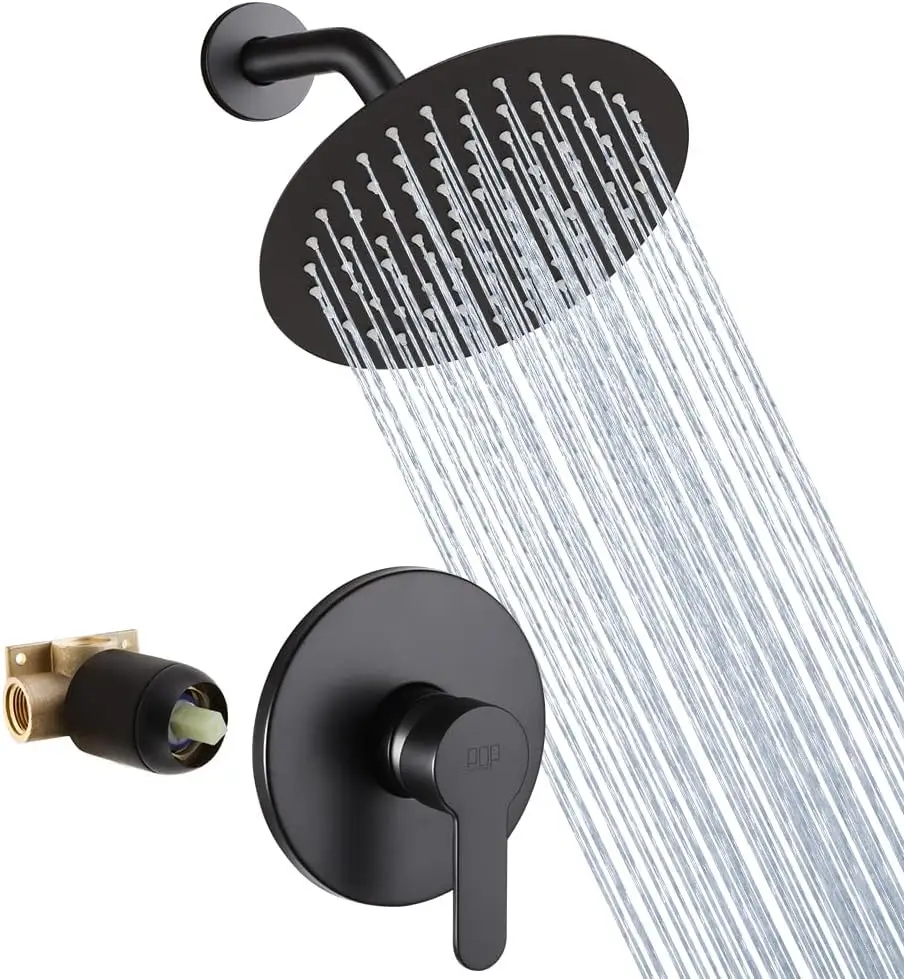 8 Inch Rainfall Shower System with Valve, Matte Black Wall Mounted Single Function Trim Kit