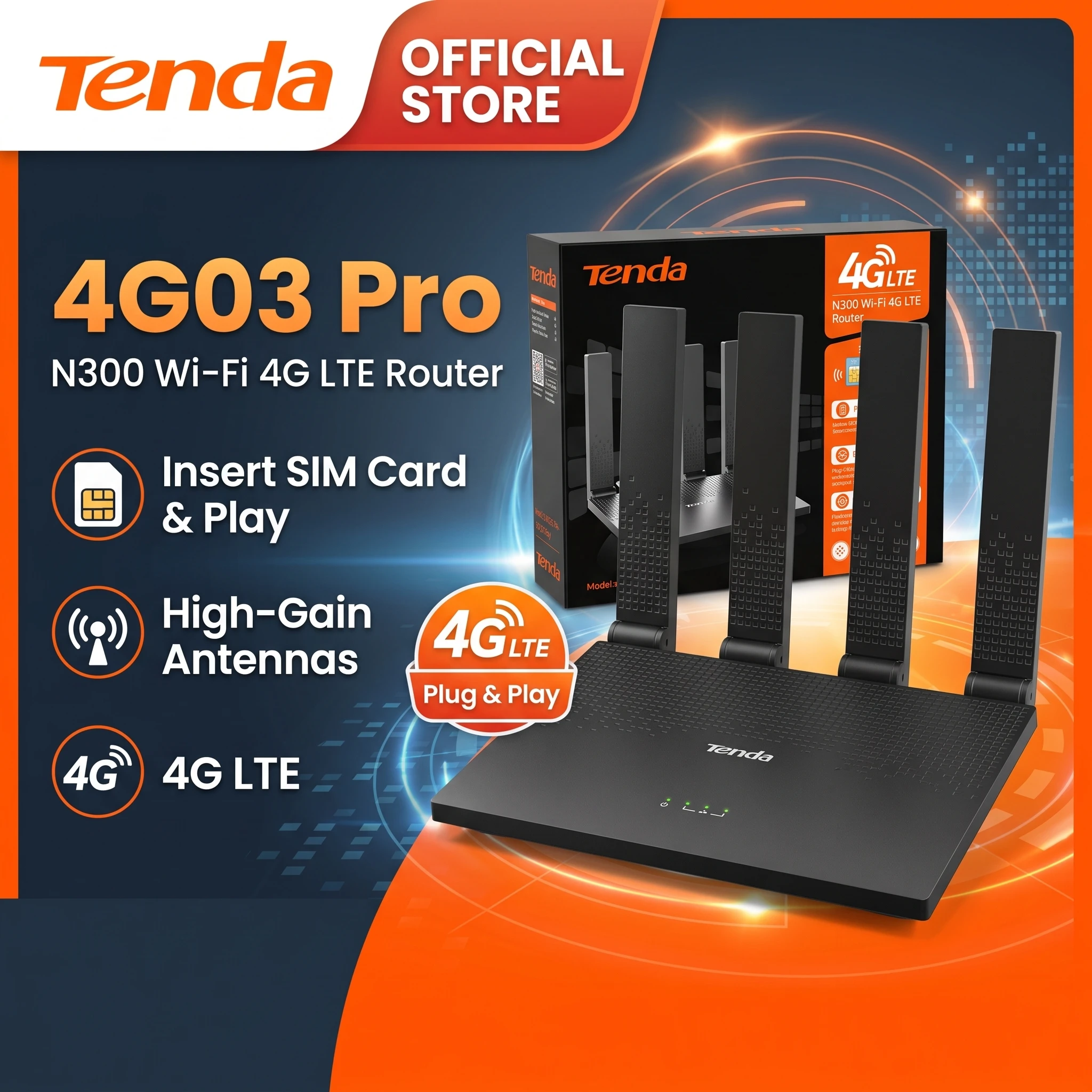 Tenda 4G WLAN Router LTE Cat4 N300 Modem 4G03 Pro V2.0 SIM Card Slot 4 Antennas USB-C Power Bank Motorhome Camping Home Office