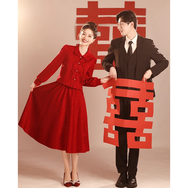 

Red Chinese Sle Wedding Dr Set Long Sve Bride Gown Qipao ort Women Cusizable Formal Wear for Marriage Celebration