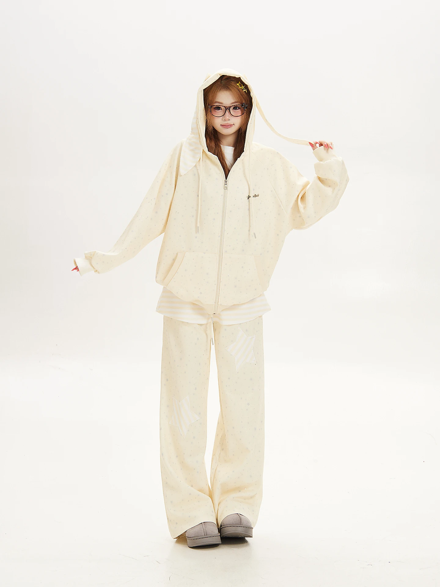 Sweet Style Ant Rabbit Ear Hooded Zipper Casual Sweater Women Loose Outerwear Coat Comfortable Set Warmth Daily Wear