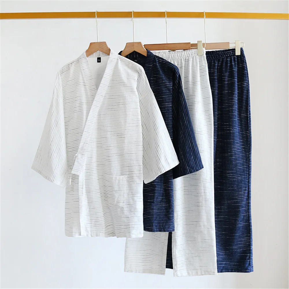 Kimono Pants Pajamas Sets Japanese Summer Mens Loose Simple Cotton Striped Sweat Suit Pijama