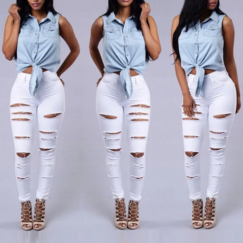 

High Quality jeans women's high waist skinny denim jeans casual high stretch pencil pants Ripped Jeans drop shipping