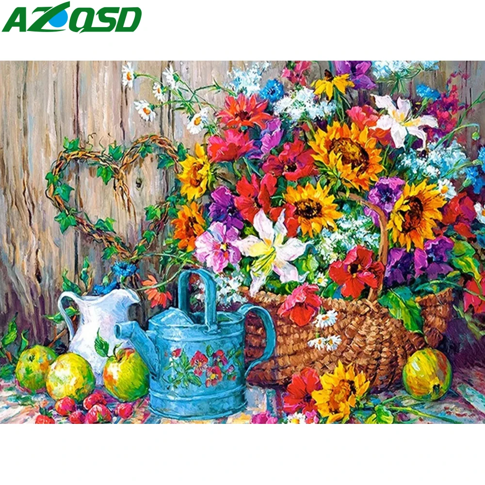 AZQSD Diamond Painting Sunflower Floral Cross Stitch Embroidery Flower Mosaic Handmade Full Round Drill Picture Rhinestones Gift