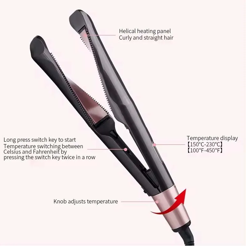 Ferro da stiro attorcigliato 2 in 1 Ferro da stiro e arricciacapelli Bigodino e piastra per capelli in ceramica LCD Bigodino per capelli magico