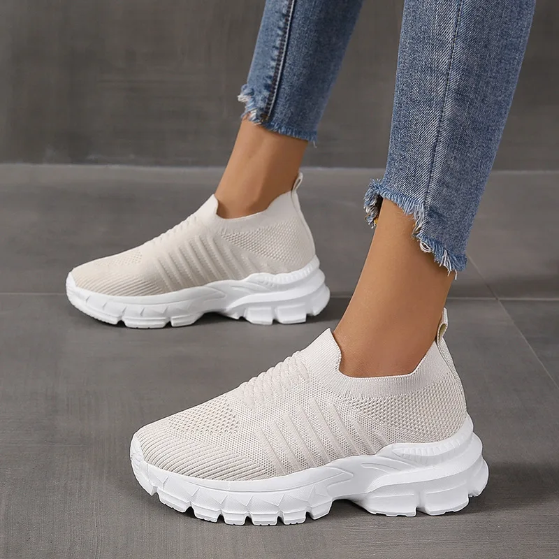 Women Platform Casual Shoe Summer Mesh Breathable Woman Sneakers Knitted Solid Color Slip-On Ladies Walking Shoes Female Flats