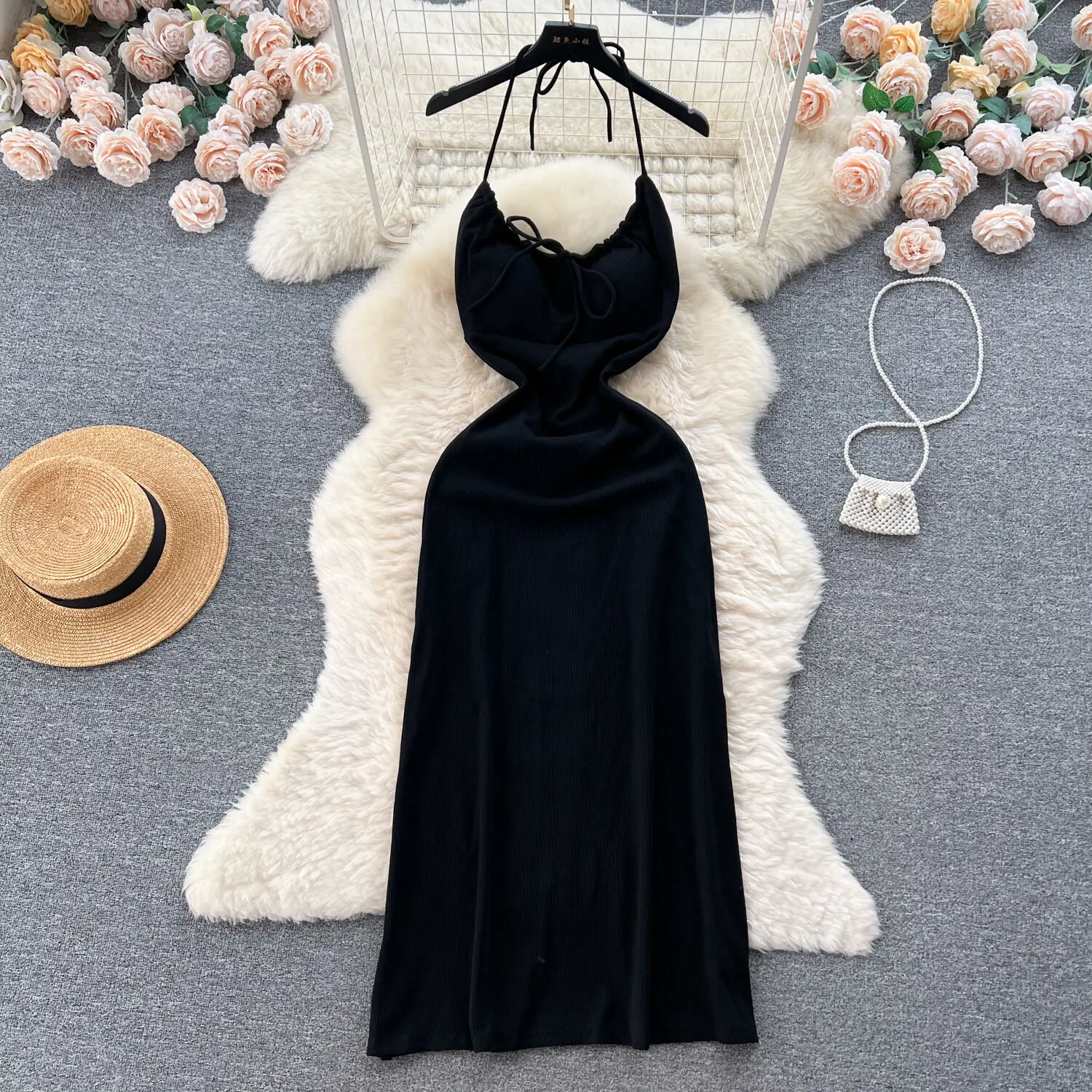 Fashion Girls Sexy Hanging Neck Dress Women's French Lace Up Waist Shows Slimming Fit Summmer Autumn Long Backless Party Dress