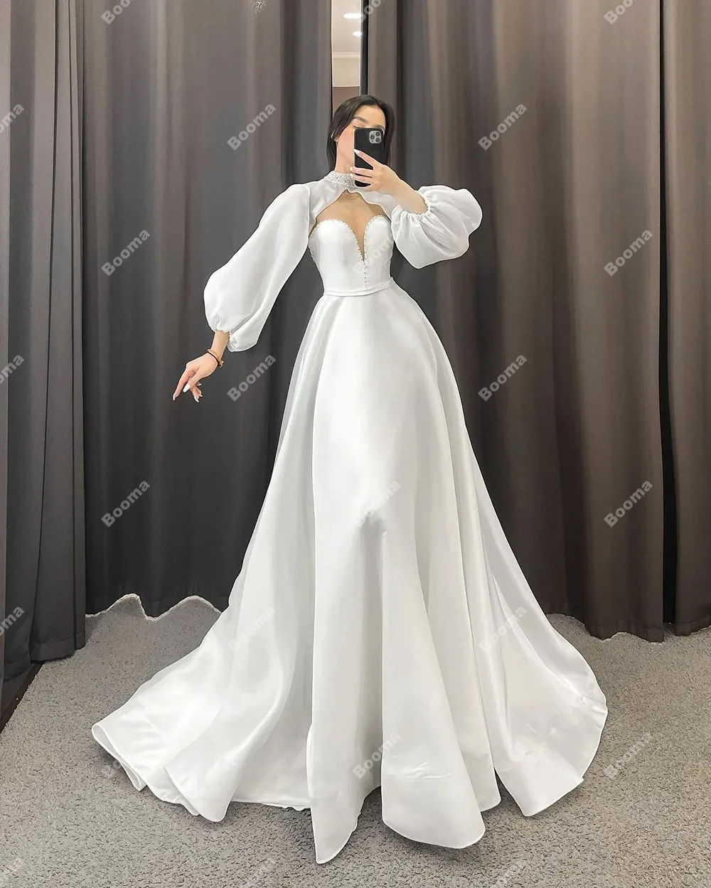 Booma Elegant Long Wedding Dresses Long Puff Sleeves Sweetheart Stain Wedding Party Gowns Bridals Prom Dresses for Women 2023