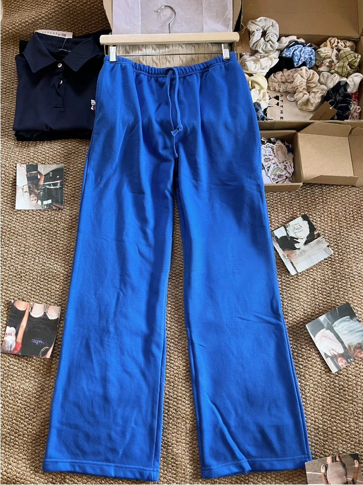 แฟชั่นสีฟ้าสายรัดจ็อกเกอร์กางเกงวอร์มผู้หญิงฤดูใบไม้ร่วงสบายๆเอวสูงกางเกงขากว้างวินเทจหลวม Y2K กางเกงใหม่