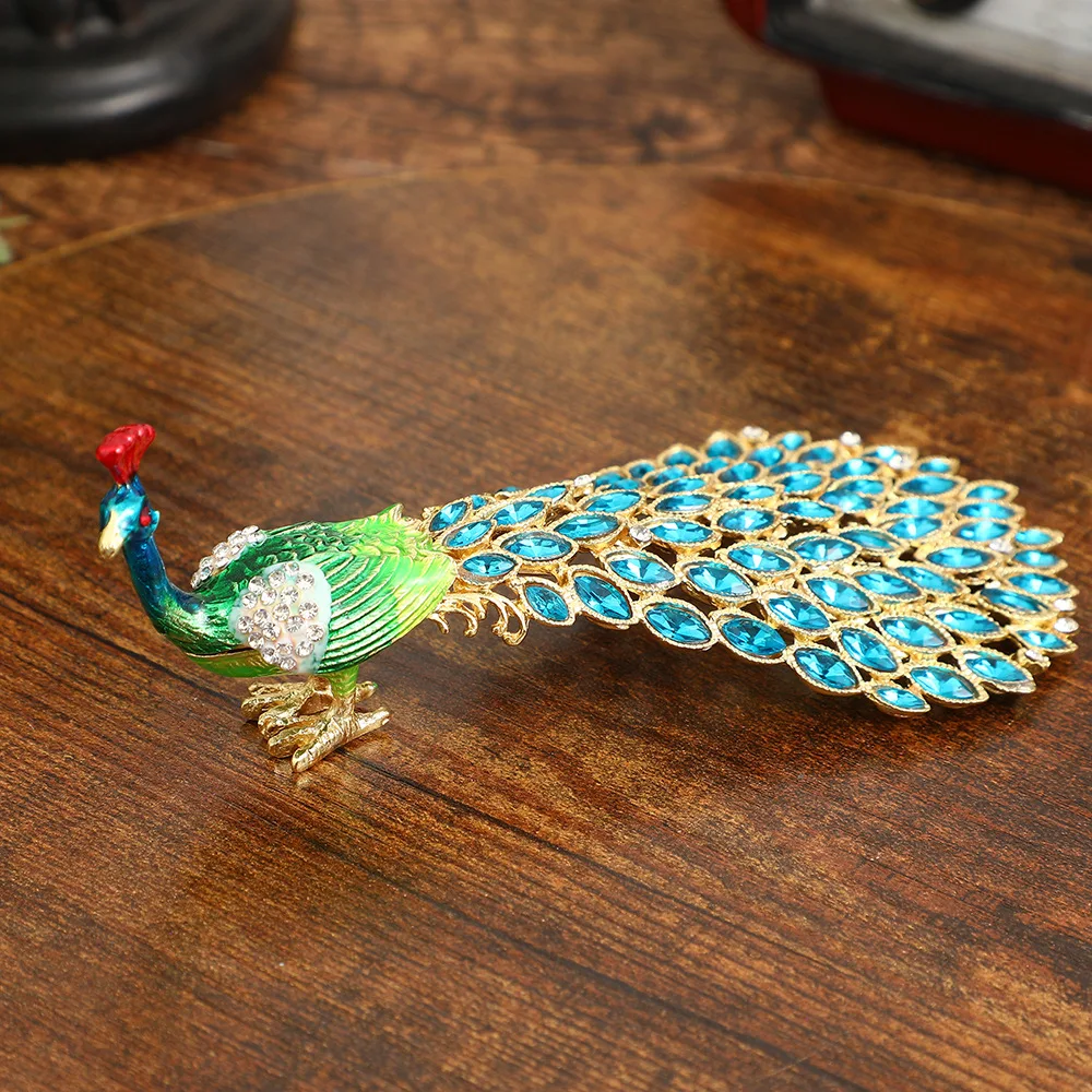 Enameled Peacock Jewelry Box Hand-Painted Collectible Figurine with Rhinestones Ideal for Rings and Earrings Perfect for Women