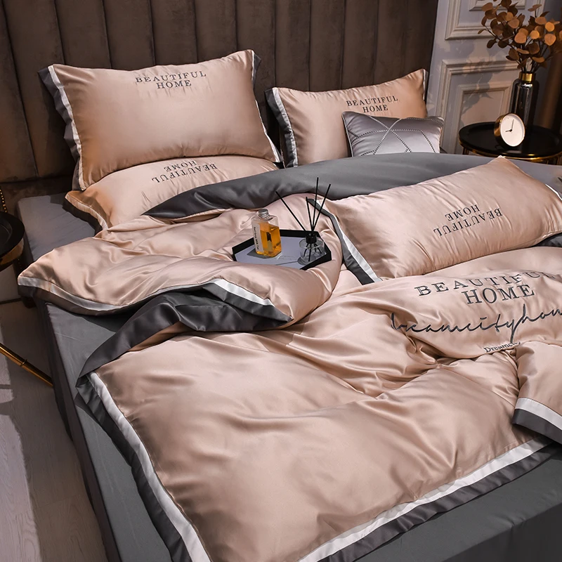 2021 طقم سرير مطرز فاخر طقم سرير حريري من الساتان غطاء لحاف ملاءة سرير سادات مقاس كوين كينج للربيع والصيف