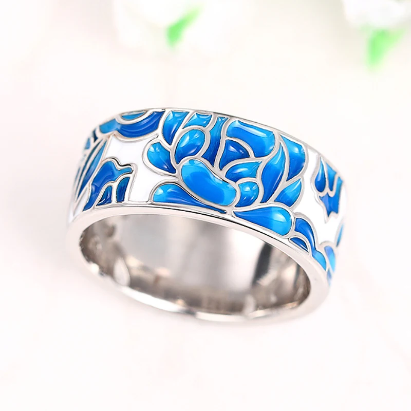 Huitan Delicate Blue Flower Finger Ring Female Anniversary Party Jewelry Aesthetic Graceful Accessories for Engagement Ceremony