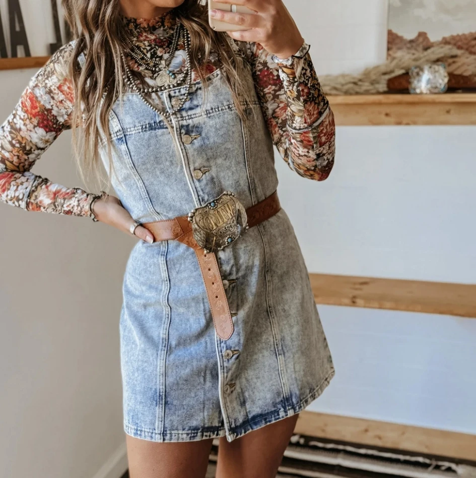 Women's Motorcycle Dress 2025 Autumn Winter Latest Camisole Vintage Casual Western Style Slim Fit Denim Mini Dress Zipper Skirt