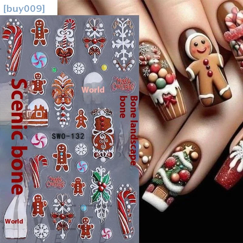 【buy009】1 pçs 5d homem de gengibre floco de neve adesivos de unhas natal pinheiro bolo auto-adesivo decalque de unhas inverno diy suprimentos