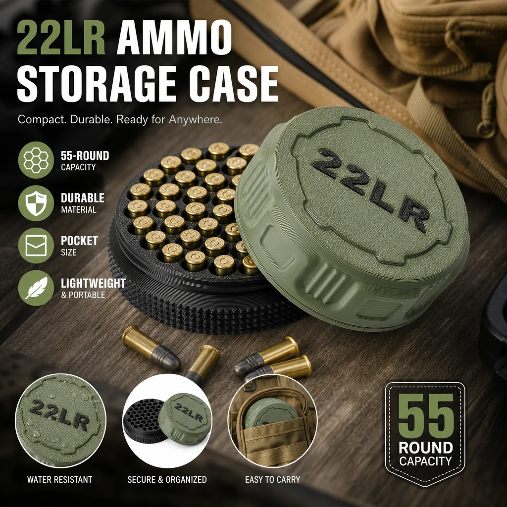 Estuche de almacenamiento compacto con capacidad para 55 cartuchos calibre .22LR, práctico para transportarlo al campo de tiro.