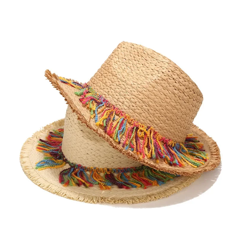 Colorful Tassel Straw Sun Hat Women, Korean Style Wide Brim Beach Hat for Vacation, UV Protection Resort Wear