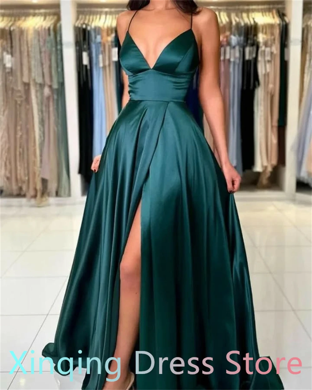 

Customized Simple Green Satin Evening Dress Formal V-Neck Sleeveless Prom Dresses Sexy Sweep Train Lace Up Back Party
