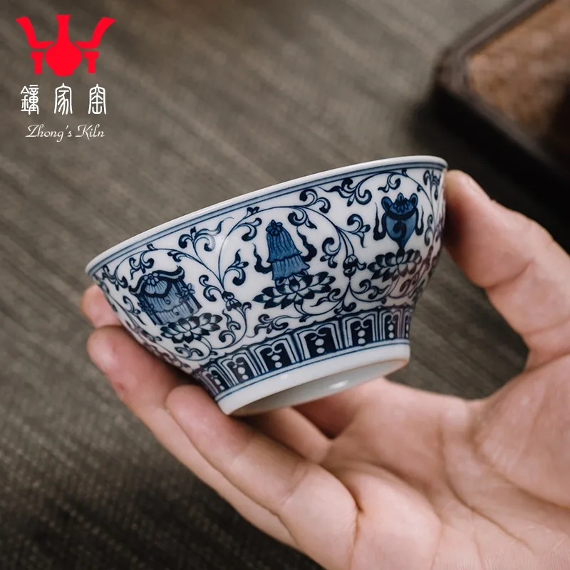 Zhongjia Kiln Tea Cup Ceramic Jingdezhen Small Teacup Handmade Blue and White Wood Kiln Interlock Branch Lotus Tea Cup Kombucha