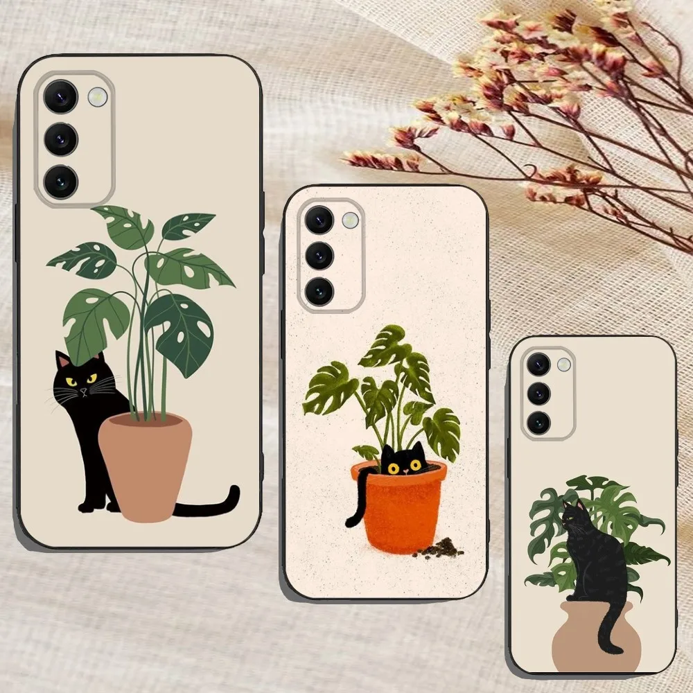 

Plants and Cat Minimalism Phone Case For Samsung Galaxy A13,A21s,A22,A31,A32,A52,A53,A71,A80,A91 Soft Black Cover