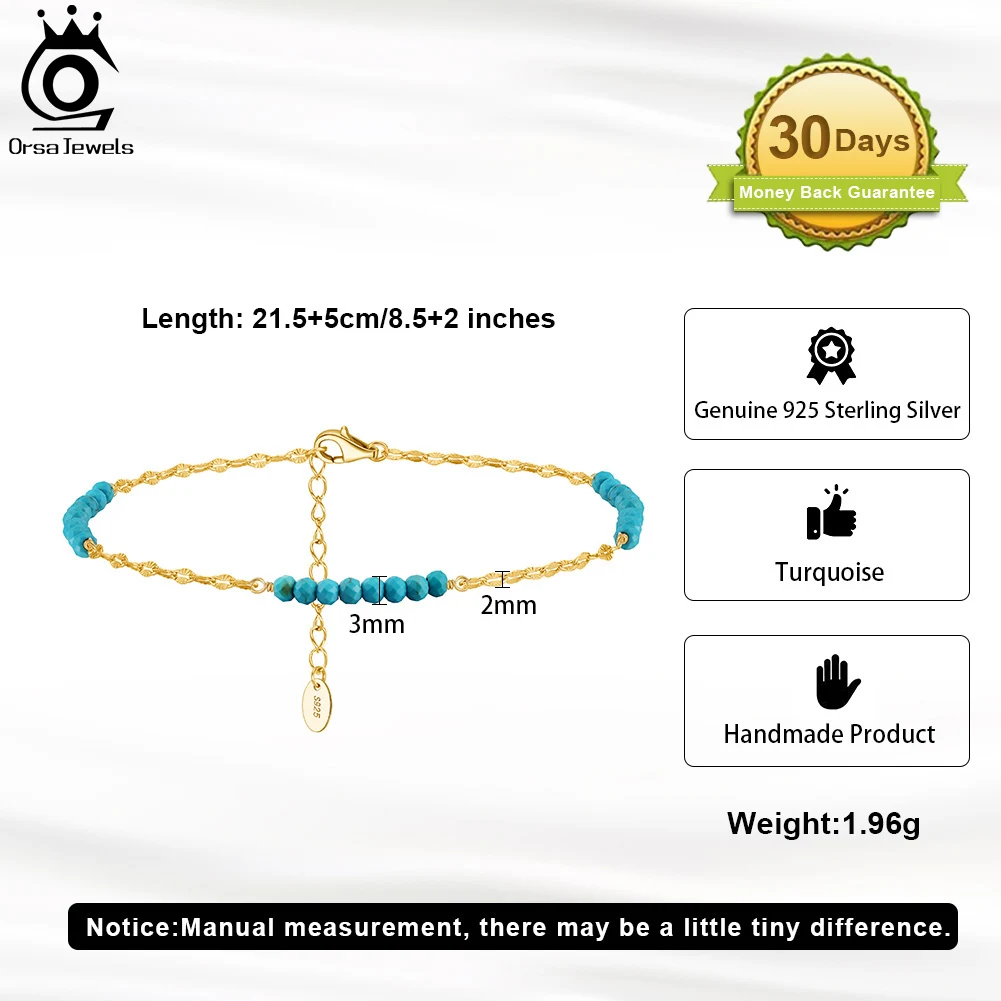 ORSA JEWELS 925 Sterling Silver Natural Turquoise Anklet with Butterfly Chain for Women Dainty Vintage Straps Jewelry SA85