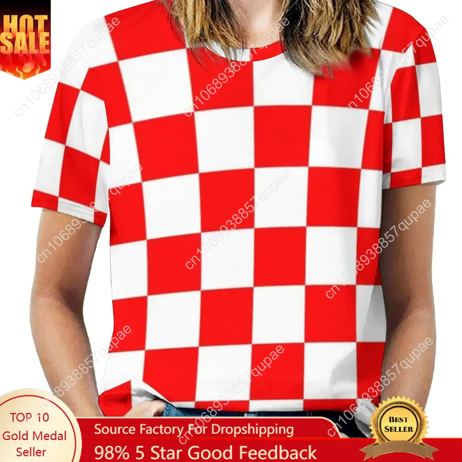 

Croatian Checkerboard T-Shirts Red White Square Street Fashion Oversized T Shirt Short-Sleeve Women Kawaii Tshirt Print Top Tees