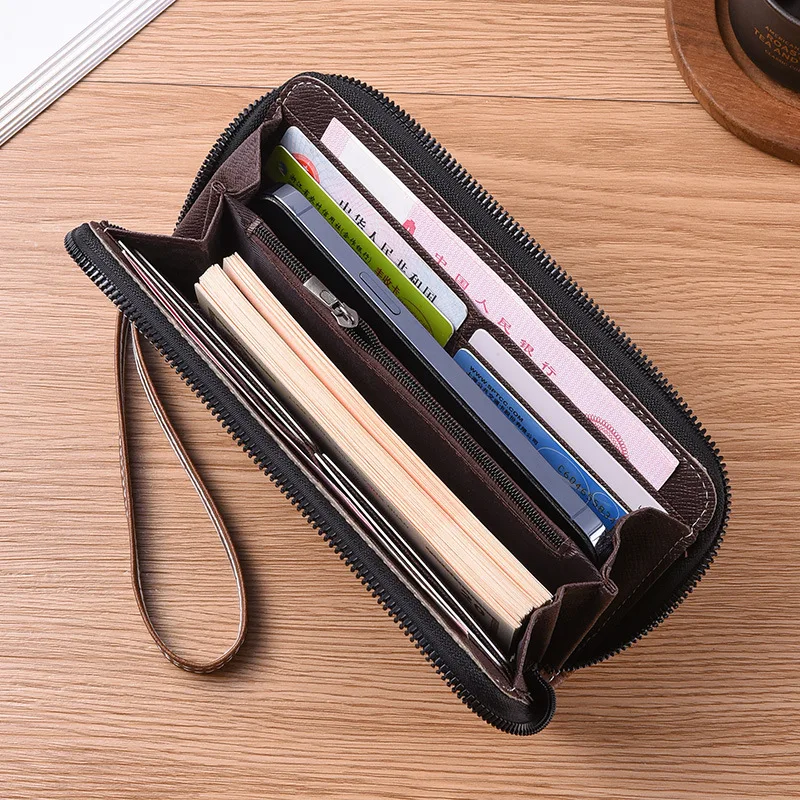 新しいトレンドのジッパー付き長財布、高級メンズビジネスマネーバッグ、大容量レトロPUレザーカードバッグ、マルチカードコインパース
