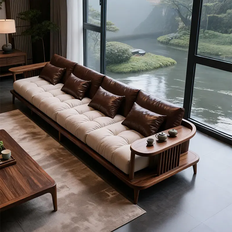 #New Chinese Style Solid Wood Sofa, Living Room, Black Walnut Wood Large Unit, Straight Row Leisure Sofa, Villa Furniture