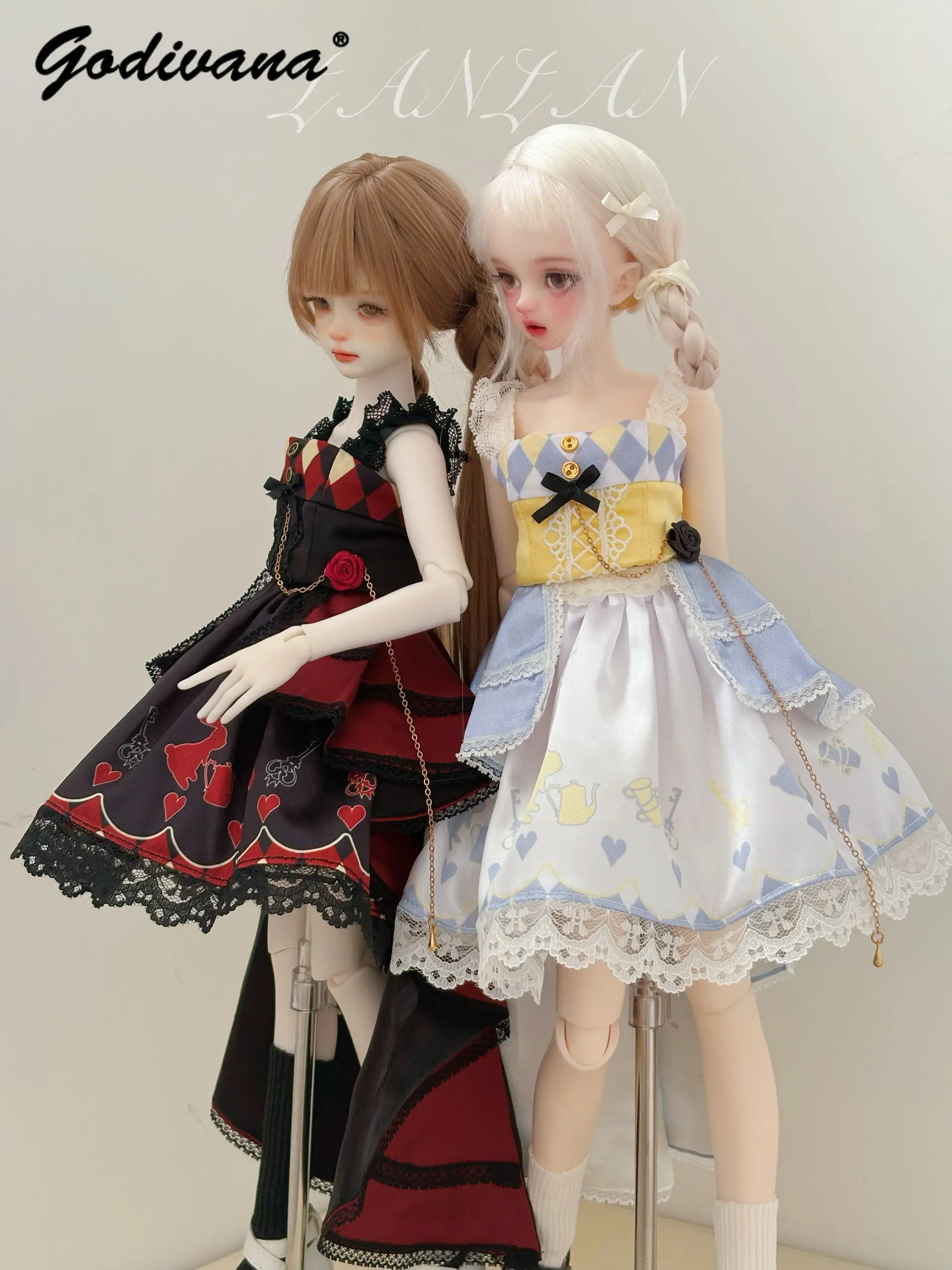 Sweet Fairytale BJD Full Set Spaghetti Strap Printed Dress Lace Hem Rose Decorative Chain Heart Teapot Print for 1/4 BJD Doll