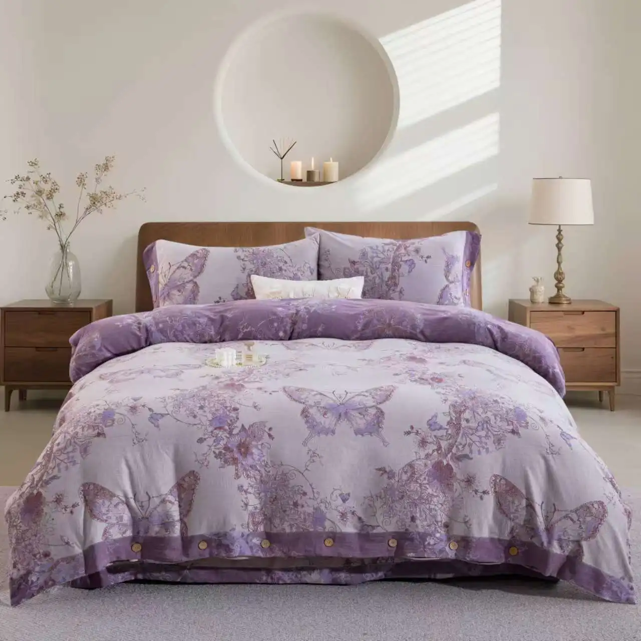 100% Cotton Butterfly Flowers Jacquard Purple Luxury Bedding Set Button Duvet Cover Flat/Fitted Bed Sheet Pillowcases 4Pcs