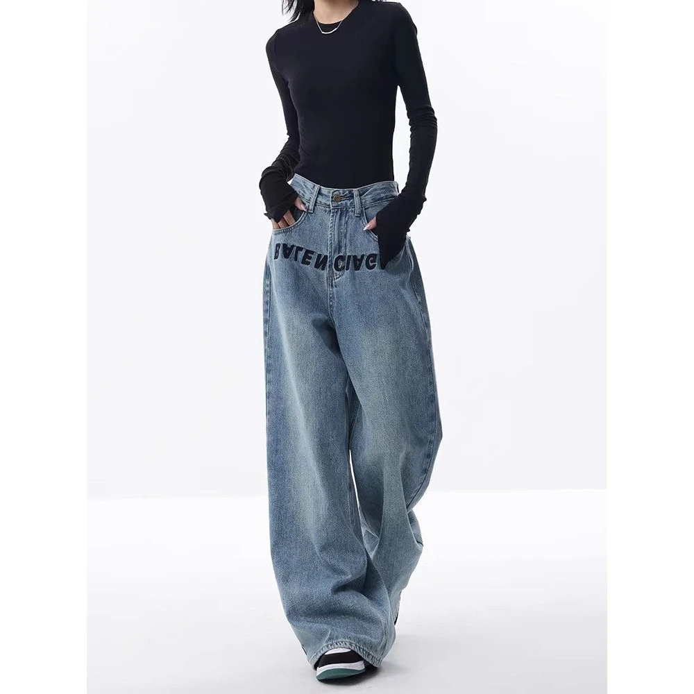Jean ample brodé bleu à jambes larges pour femmes, pantalon de sol décontracté, taille haute, en Denim, printemps Faion