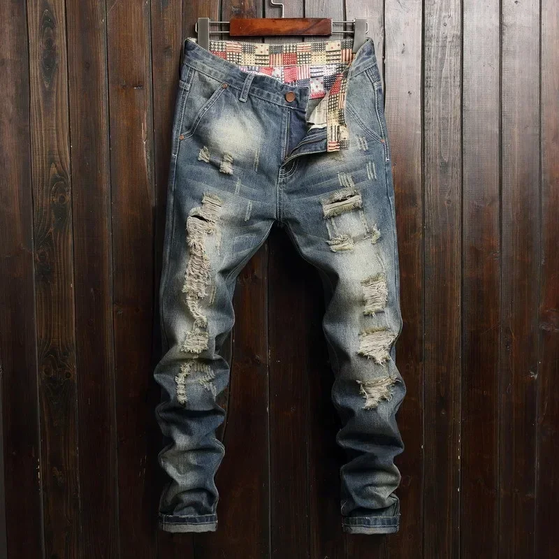 

New European and American Style Men's Jeans Men Fashionable Ripped Trendy and Individual Straight Slim-fit All-season Long Pants